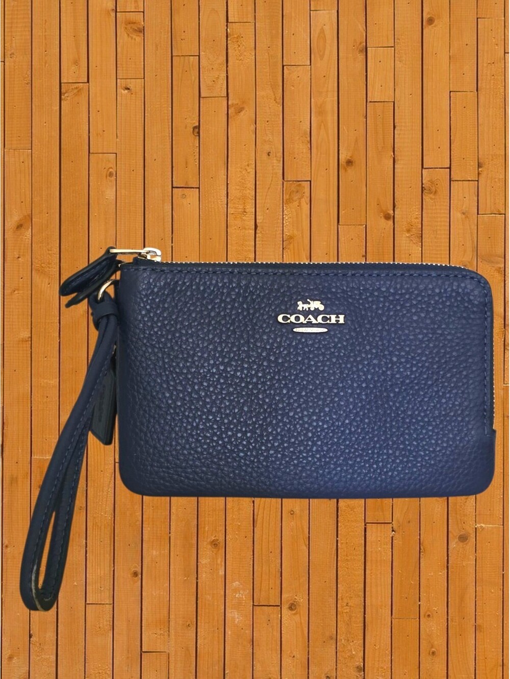 Coach Navy Blue Pebbled Leather Double Corner Zip Wristlet Clutch Gold Hardware